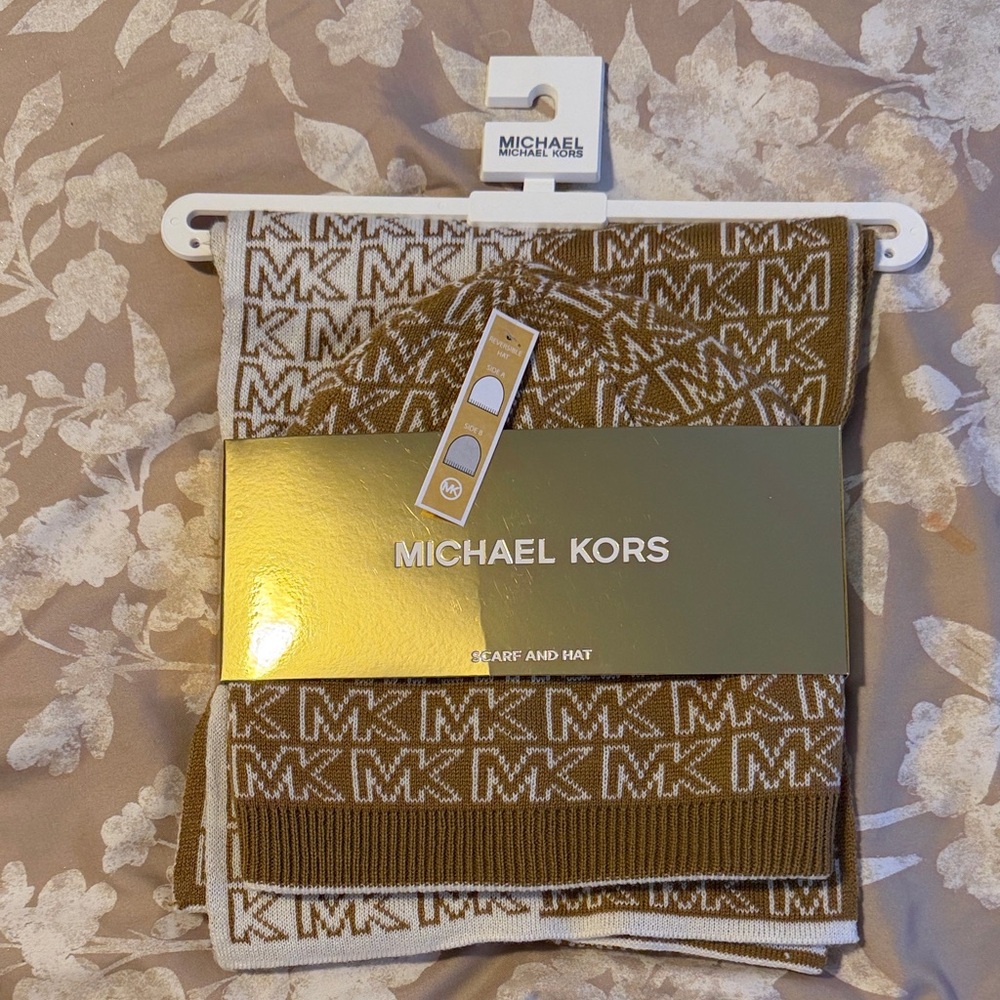 Michael Kors Tan and White MK Logo Scarf and Hat